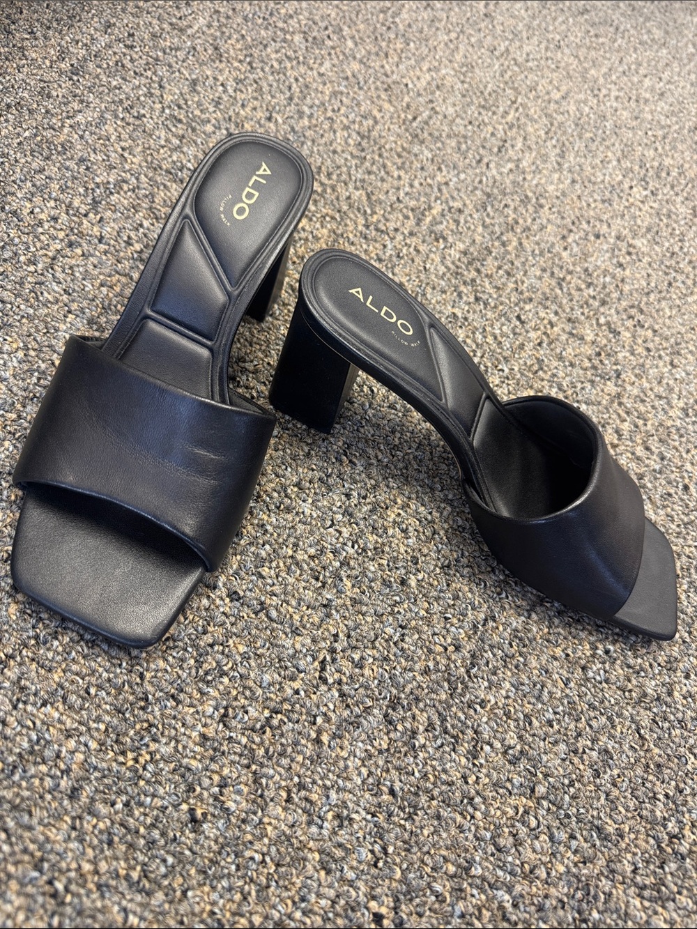 Aldo Black Square-Toe Block Heel Mules